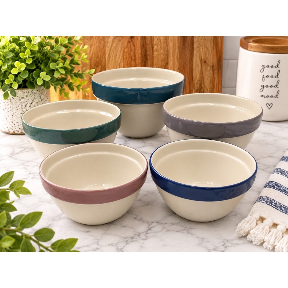 Portugal Ceramic Nesting Bowls Set of 5 Multicolor Cottagecore Coastal Kitchen